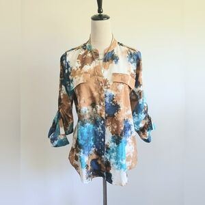 Calvin Klein-Teal,Blue,Brown-Button Down-Abstract Print-Size Medium